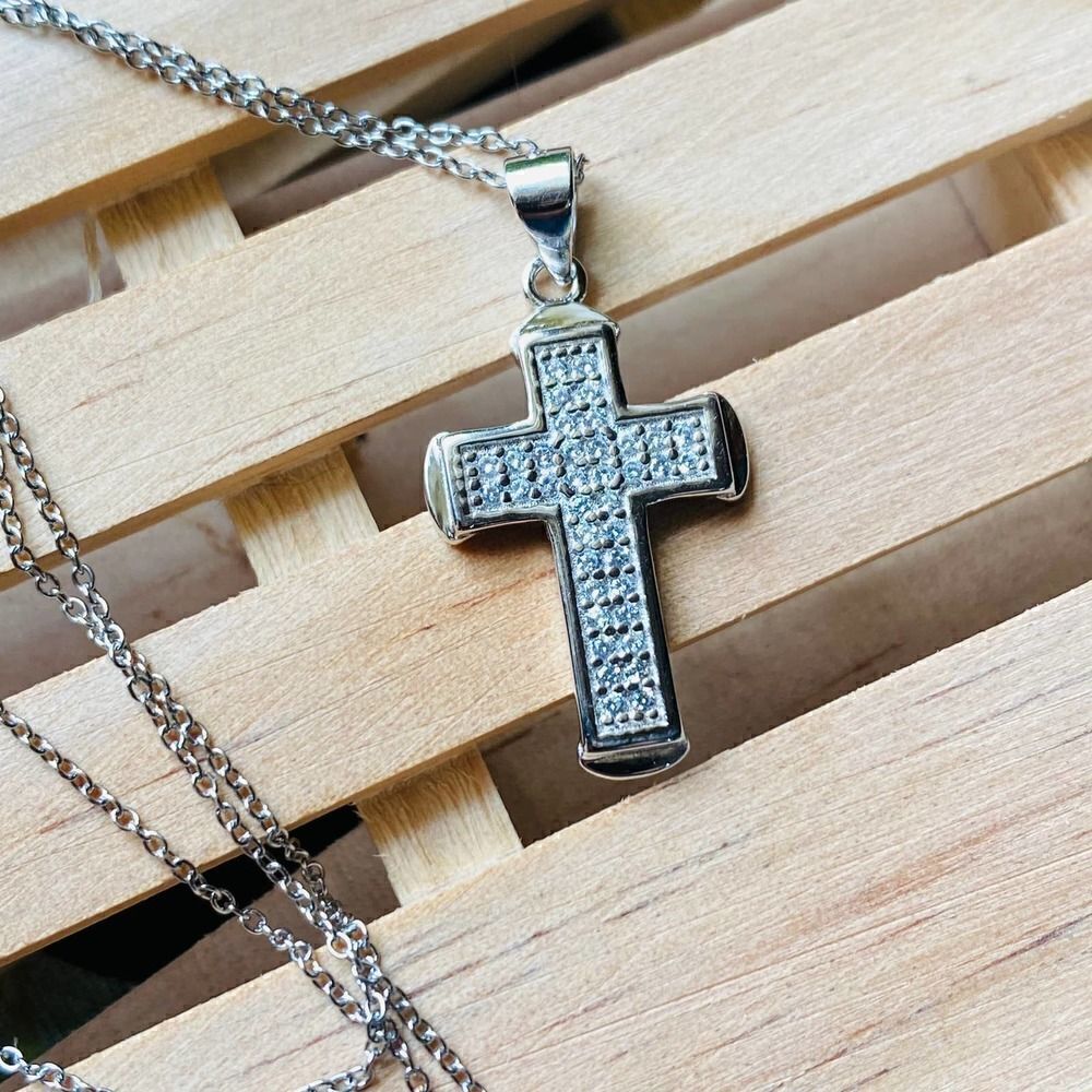 Sterling Silver Micro Pave Cz Cross Pendant On Stainless Steel Chain - Picture 4 of 6